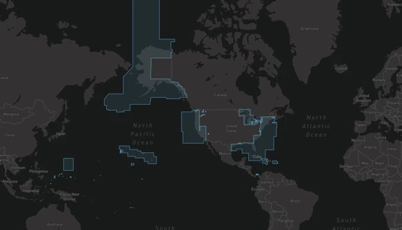 World map highlighting OceanPulse chart coverage across the US, Alaska, Hawaii, the Great Lakes, and US Territories