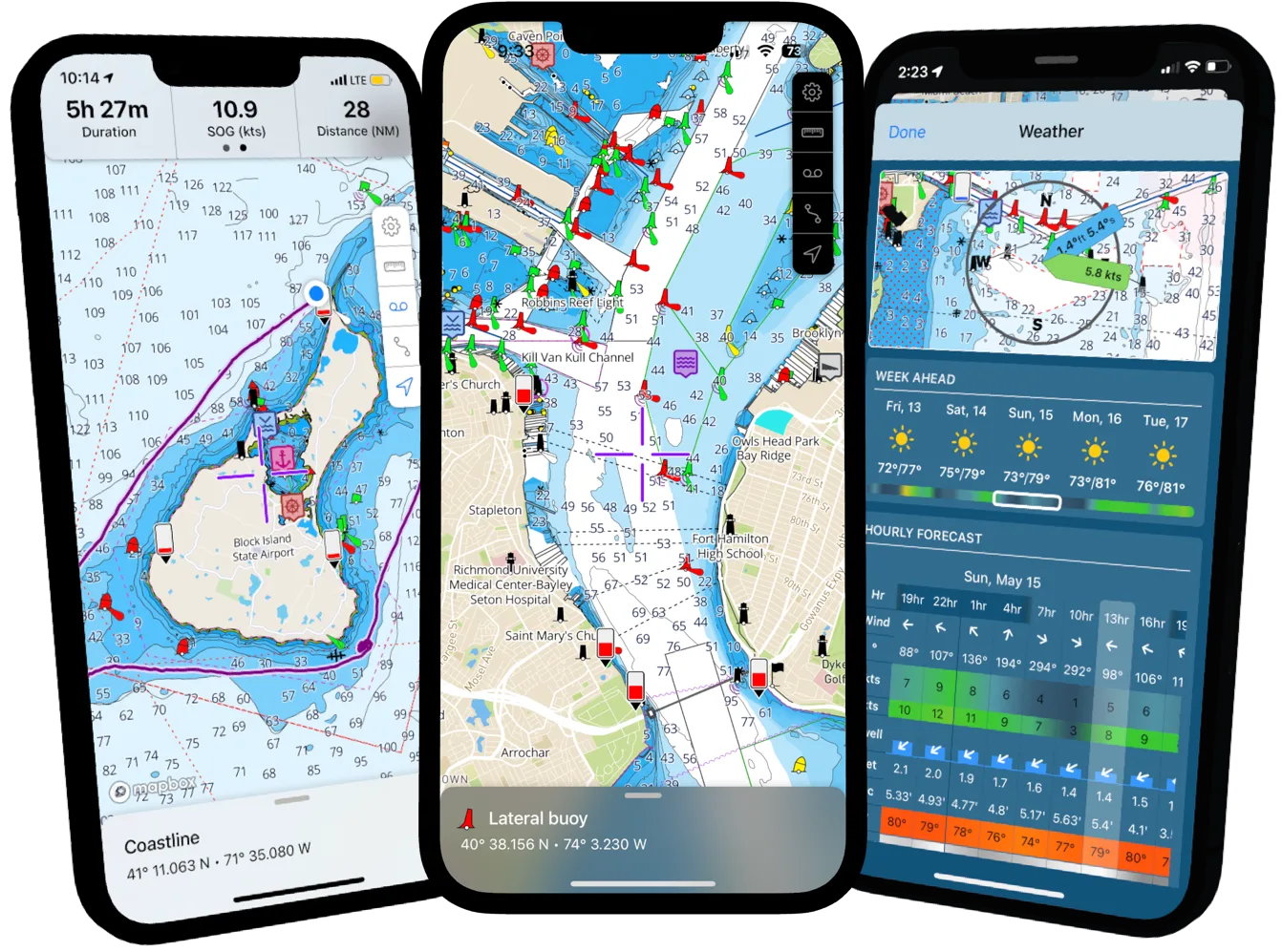 Three iPhones running OceanPulse: a Block Island route with trip stats, a New York harbor chart, and the week-ahead weather forecast