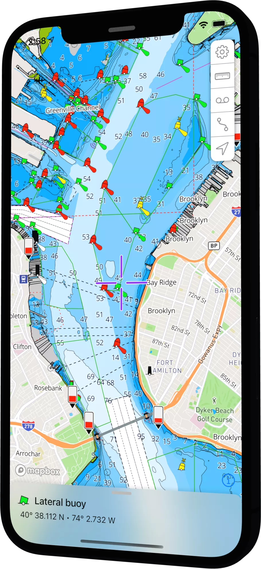 OceanPulse chart view of New York harbor with buoys and depth soundings