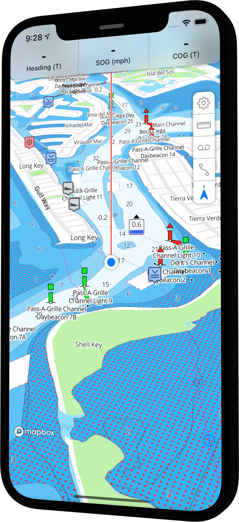 OceanPulse GPS navigation with heading line and speed over ground